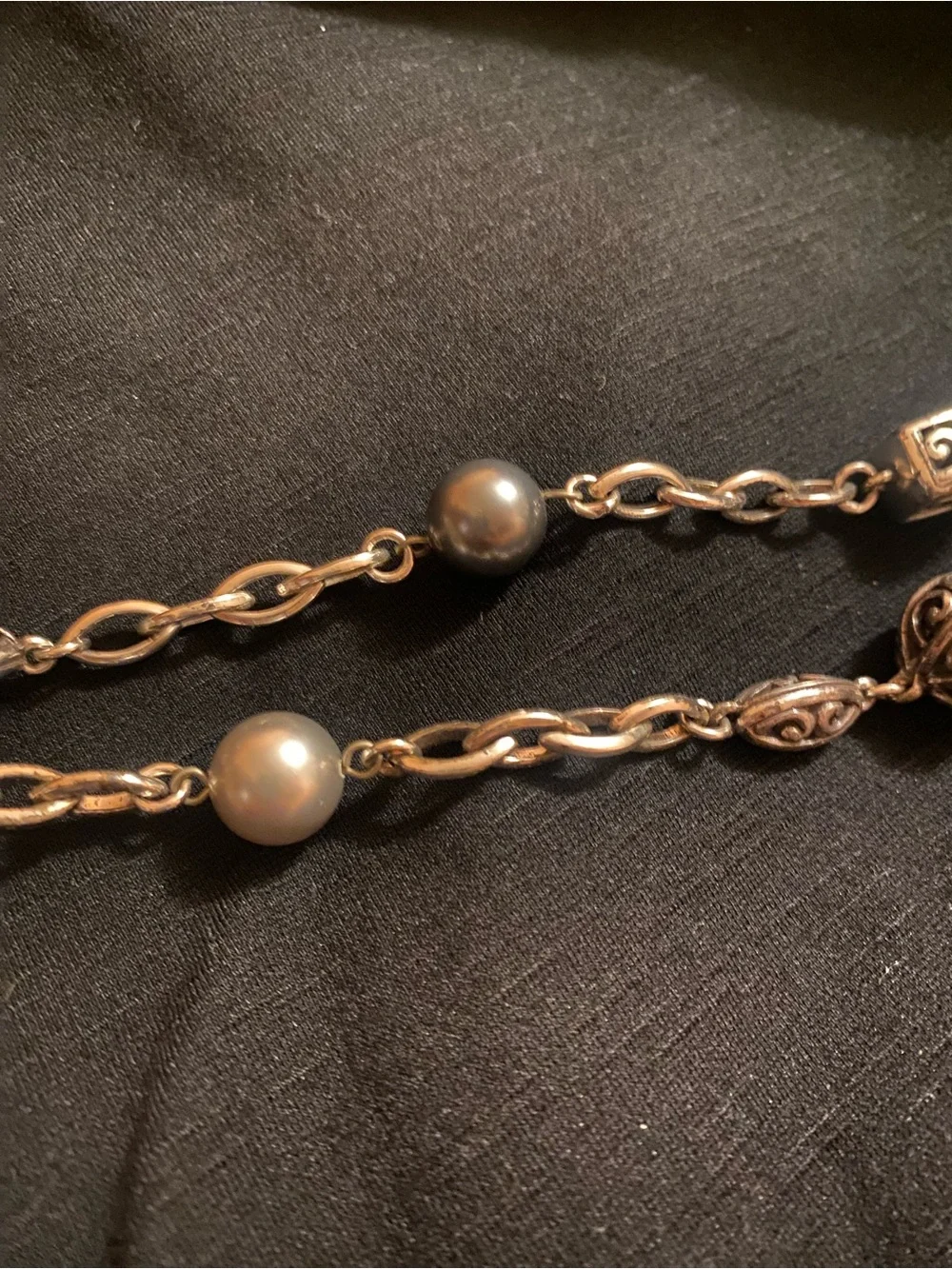 Brighton Ball Cube Pearl Gray Brown Silver Long Silver Necklace/ belt retired